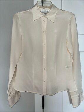 Casual Corner Cream Button-Up Long-Sleeve Blouse 100% silk chiffon size 6